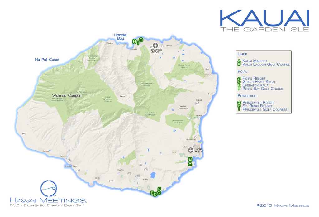 A Hawaii Meetings map of the island of Kauai Meeting and incentive properties on the Hawaiian island of Kauai