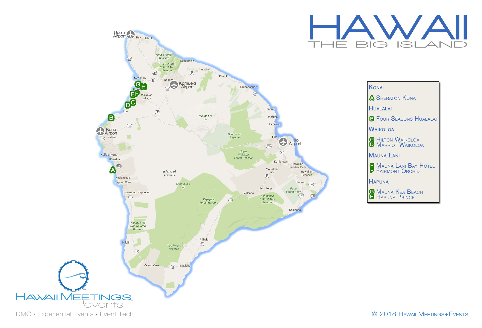 A map of the Big Island's meeting and incentive properties