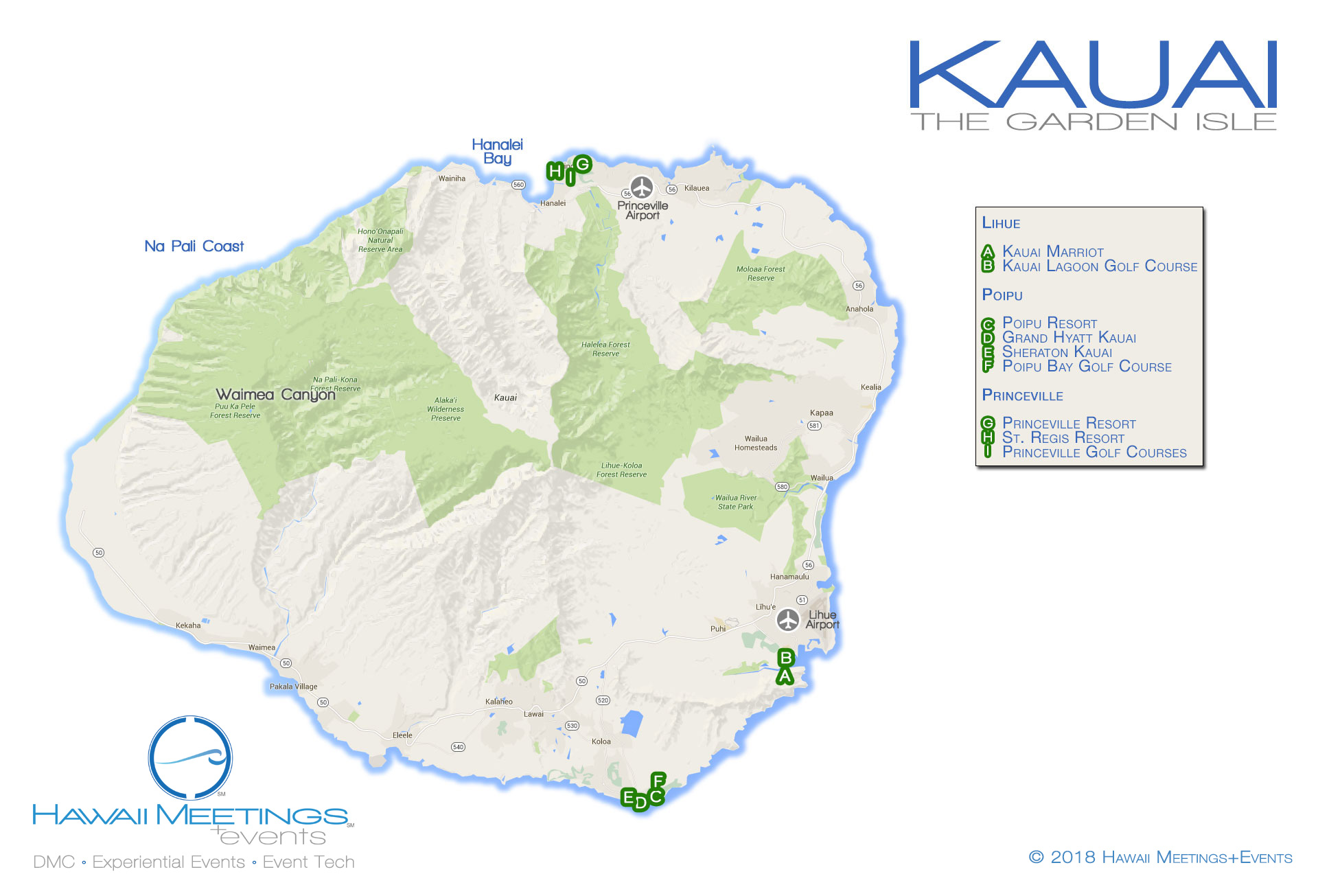 A Hawaii Meetings map of the island of Kauai Meeting and incentive properties on the Hawaiian island of Kauai