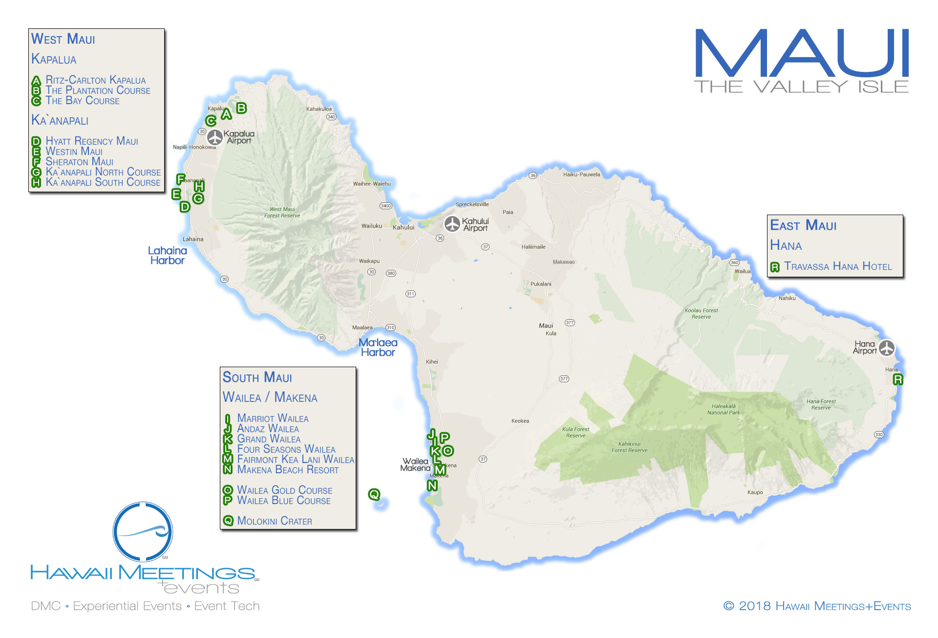 This map highlights Maui's many meeting and incentive property locations.