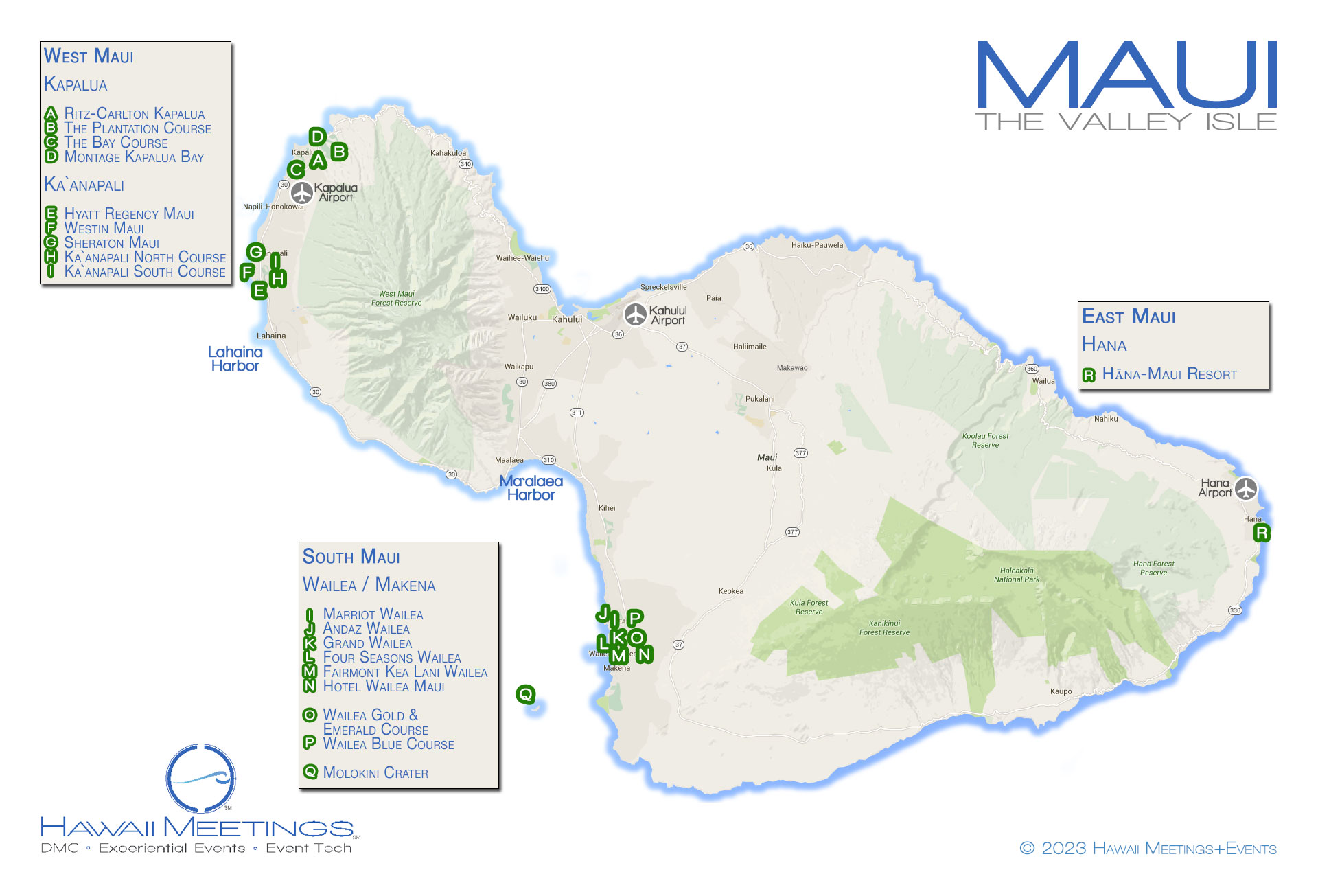 This map highlights Maui's many meeting and incentive property locations.